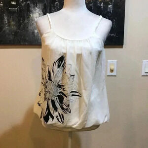 Forever 21 White Tank Top w/Large Sparkle Flower Braided Straps & Puffed Hem-SP